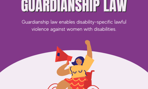 On a dark purple background, a lilac heading reads "Abolish Violent Guardianship Law." Beneath this heading in smaller font is text that reads "Guardianship law enables disability-specific lawful violence against women with disabilities." At the bottom of the image, on top of a lilac semi-circle, is the illustration of a disabled woman using a red wheelchair and protesting. She has Brown skin, shoulder-length navy hair, and is wearing a yellow shirt with blue waves, a red skirts with yellow waves, and yellow shoes. She is holding a red megaphone with one hand and raising her first with the other. In the bottom left-hand corner of the image is the purple WWDA logo.