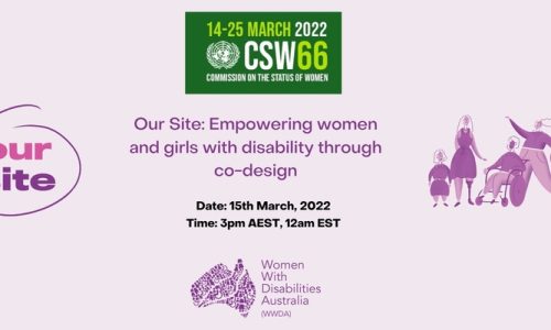 Light purple background, dark green UN Women logo, with the text 14-25 March 2022, CSW66, Commission on the status of women. Purple text underneath reads Our Site: Empowering women and girls with disability through co-design. Date 15th march 2022, Time: 3pm AEST, 12pm EST.