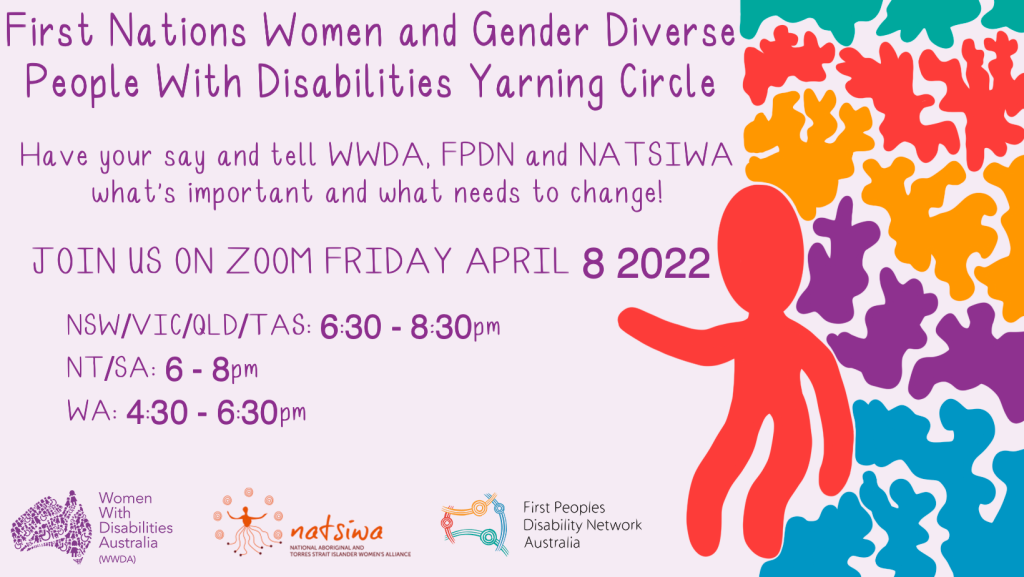 On a lilac background, dark purple text reads "First Nations Women and Gender Diverse People With Disabilities Yarning Circle. Have your say and tell WWDA, FPDN and NATSIWA what's important and what needs to change! Join us on Zoom Friday April 8 2022. NSW/ACT/VIC/TAS: 6:30-8:30pm, NT/SA: 6-8pm, WA: 4:30pm-6:30pm." Below are the WWDA, NATSIWA and FPDN logos. On the right hand side is the outline of a red person, with abstract shapes in red, blue, purple, yellow and green surrounding them.