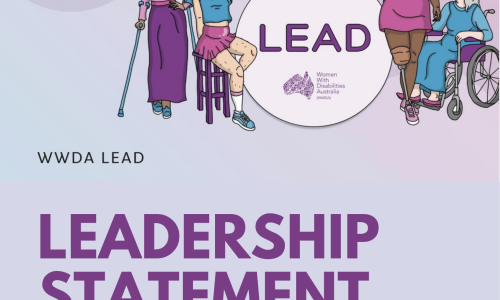 Background with pastel blue, purple and pinks. In the top left is the WWDA LEAD Project Logo: which is pale purple circle with text "LEAD" and the WWDA logo. Around the logo are two women representing diversity and different disabilities in colourful clothes. Main text reads: ‘WWDA LEAD. Leadership Statement