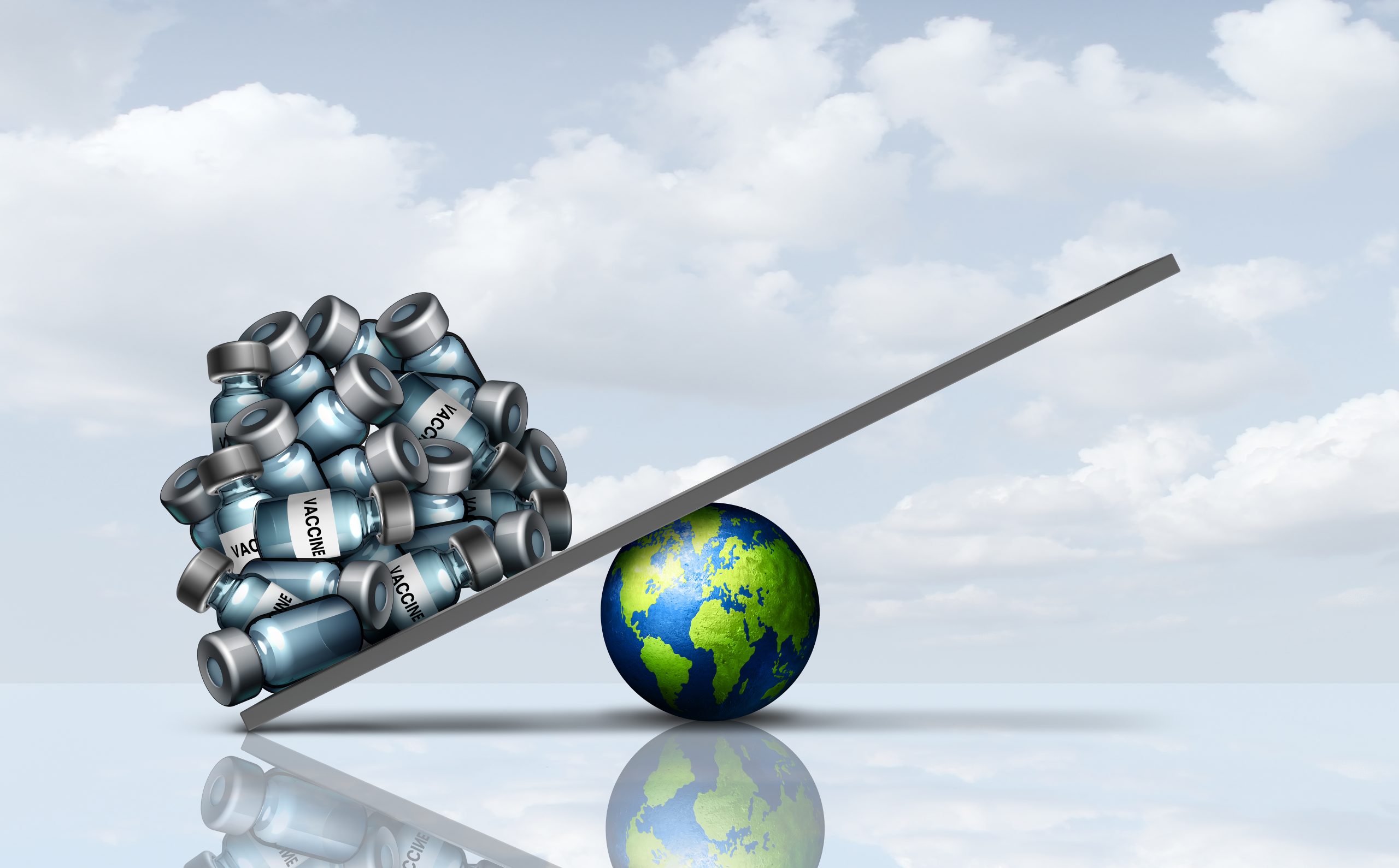 A digital illustration of the Earth, with a scale balancing on top of it. On the left-hand side of the scale, a pile of blue and grey vaccine vials weighs down the scale, with nothing on the other end, representing vaccine inequity and the unequal balance of vaccine distribution. At the bottom of the image is a reflection of the illustration, and in the background is an image of a light blue sky with white clouds.