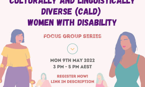 On a pale pink background, purple text reads "Culturally and linguistically diverse (CALD) women with disability". Below, in red text reads "Focus group series". An arrow points downwards to text that reads "Mon 9th May 2022 3pm-5pm AEST. Register now! Link in description!" Opaque illustrations of different women with disabilities from different backgrounds surround the text. At the top of the image are the WWDA, Harmony Alliance and NEDA logos.