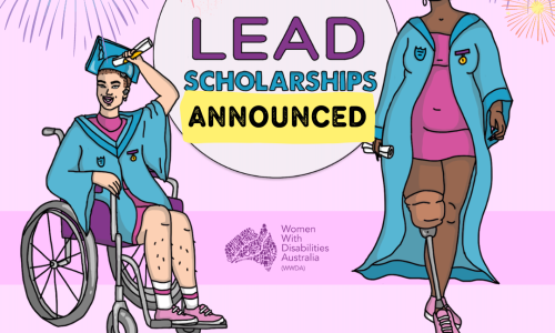 Pink square tile background. In the middle is the WWDA LEAD Scholarships logo with an illustration of two women wearing graduation gowns and hats on either side, representing disability and diversity. Text reads: 'LEAD Scholarship Announced', "Learn, Share, Lead". With fireworks going off in the background