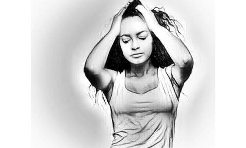 A black and white digital illustration of a woman with her eyes closed, scrunching the top of her head and hair with both hands. She has fair skin, long black wavy hair, and is wearing a white tank top.