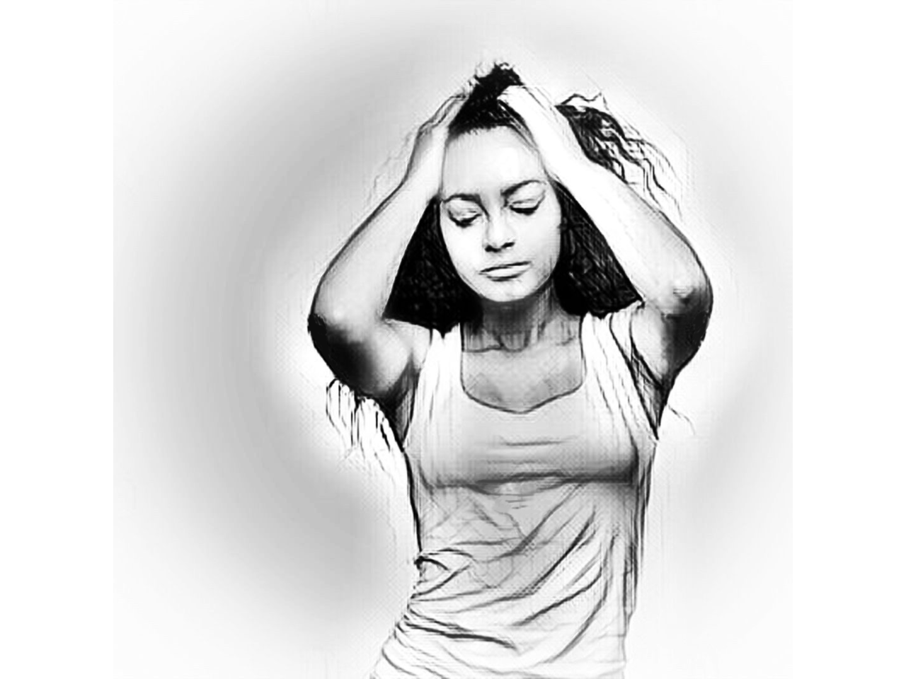 A black and white digital illustration of a woman with her eyes closed, scrunching the top of her head and hair with both hands. She has fair skin, long black wavy hair, and is wearing a white tank top.