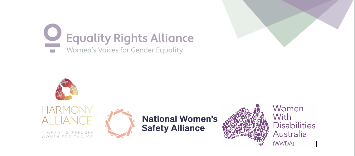 A group of logos, including Equity Rights Alliance, Harmony, National Women's Safety Alliance and WWDA.