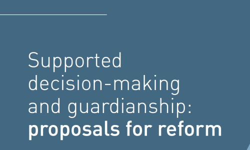Dark teal background, with white text that reads Royal Commission into the Violence, Abuse, Neglect and Exploitation of People with Disability. Supported decision-making and guardianship: proposals for reform.