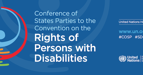 Dark blue background, With a logo on the left which has colourful circles. Next to the logo is white text that reads; Conference of States Parties to the Convention on theRights of Persons with Disability