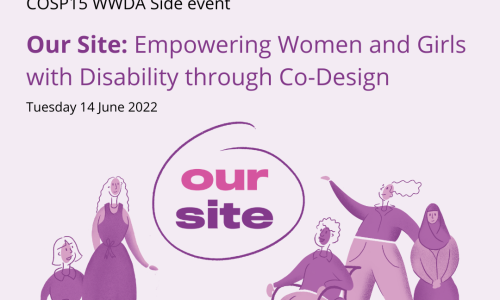 Light purple background, Top left corner is the UN logo, top right corner is the WWDA logo, Text reads 'COSP15 WWDA Side Event. Our Site Empowering Women and Girls with Disability Through Co-Design' Tuesday 14 June 2022. Centre of the image is the Our Site logo which is the words Our Site circled in a scribble. Around the logo is 5 illustrations of people representing diversity and disability.