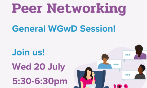 Light purple background with an illustration of a woman sitting in a lounge chair talking to people virtually. Text: 'WWDA LEAD Peer Networking, LGBTIQA+ and Disability, Wednesday 20 July, 5:30-6:30 pm, Join Us!'