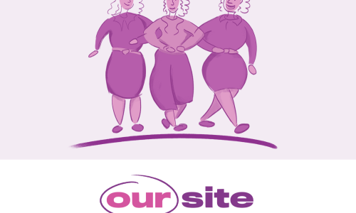 Light pink and white background, a pink and purple illustration of three people linking arms and walking. The text reads Out Site 2.0 Project Steering Committee selected