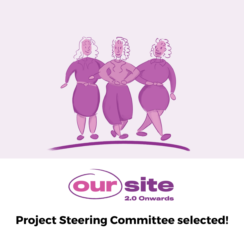 Light pink and white background, a pink and purple illustration of three people linking arms and walking. The text reads Out Site 2.0 Project Steering Committee selected