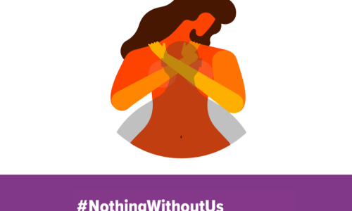White background, orange icon of a woman with her arms cross across her chest and a shadow of a person over her body. White text on a purple rectangle reads #nothingwithoutus 16 days of activism agaisnt gender based violence