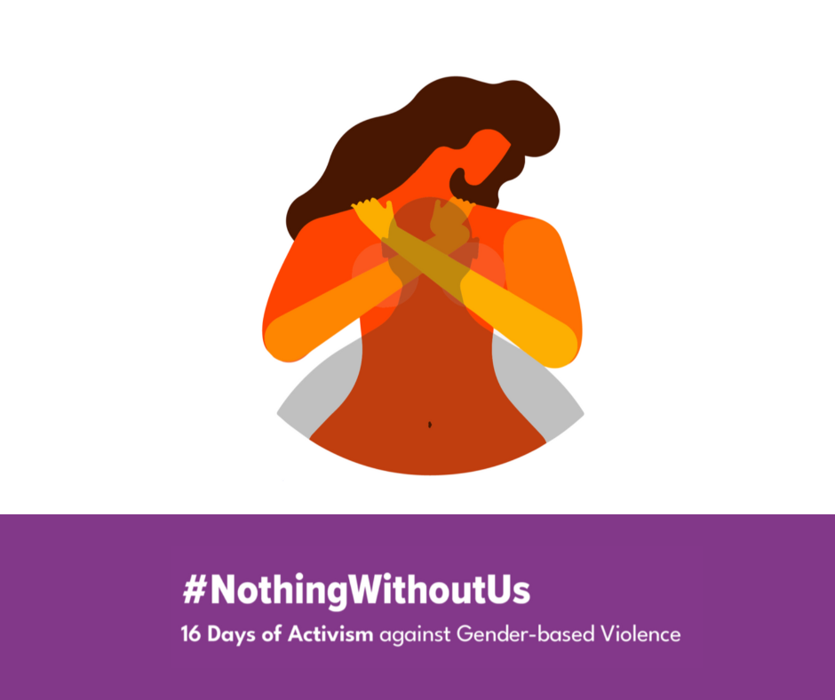 White background, orange icon of a woman with her arms cross across her chest and a shadow of a person over her body. White text on a purple rectangle reads #nothingwithoutus 16 days of activism agaisnt gender based violence