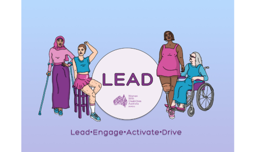 Light blue and purple background with the WWDA LEAD logo. Circle with purple text that reads LEAD, lead, engage, activate, drive with illustrations of four people representing disability and diversity.