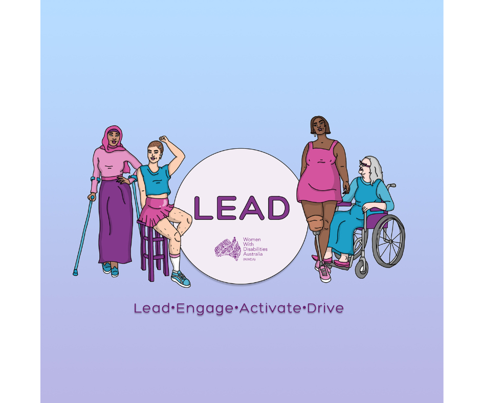 Light blue and purple background with the WWDA LEAD logo. Circle with purple text that reads LEAD, lead, engage, activate, drive with illustrations of four people representing disability and diversity.