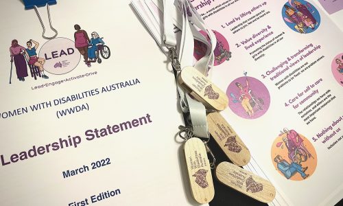 Photo of some of the items on the registration page at the Leadership week. One document is called the Leadership statement and some USB's with the WWDA logo