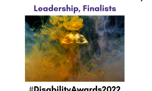 An image of a gold statue, with yellow, blue and green smoke around it and a dark blue background. Text: The National Awards for Disability Leadership, Finalists. #DisabilityAwards2022