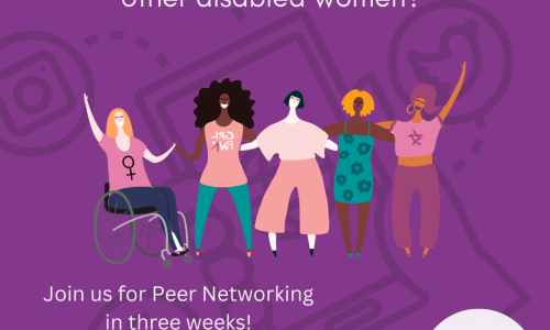 7. [Image: Dark purple background with a black image faded in the background of an illustration with a hand holding a phone connecting to different types of social media. Text at the top reads ‘Do you want to connect with other disabled women? The LEAD logo is in the bottom right corner and text reads ‘LEAD, Women With Disabilities Australia (WWDA)’, the illustration in the centre of the image is of five women with different disabilities representing different cultures. Text at the bottom reads ‘Join us for Peer Networking in three weeks! Last Wednesday of every month, 12-1.30 pm AEDT.]