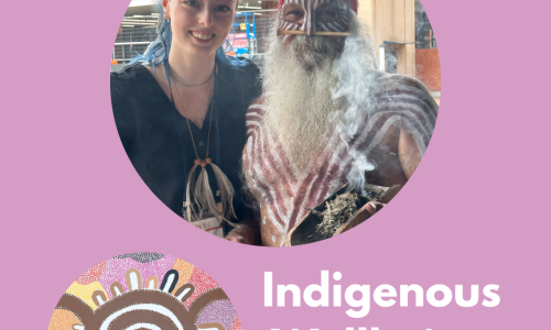 Purple/ pink background. A photo in the middle of Lily hodgson and an aboriginal elder dressed in traditional aboriginal marking and clothings. white text reads Indigenous wellbeing conference