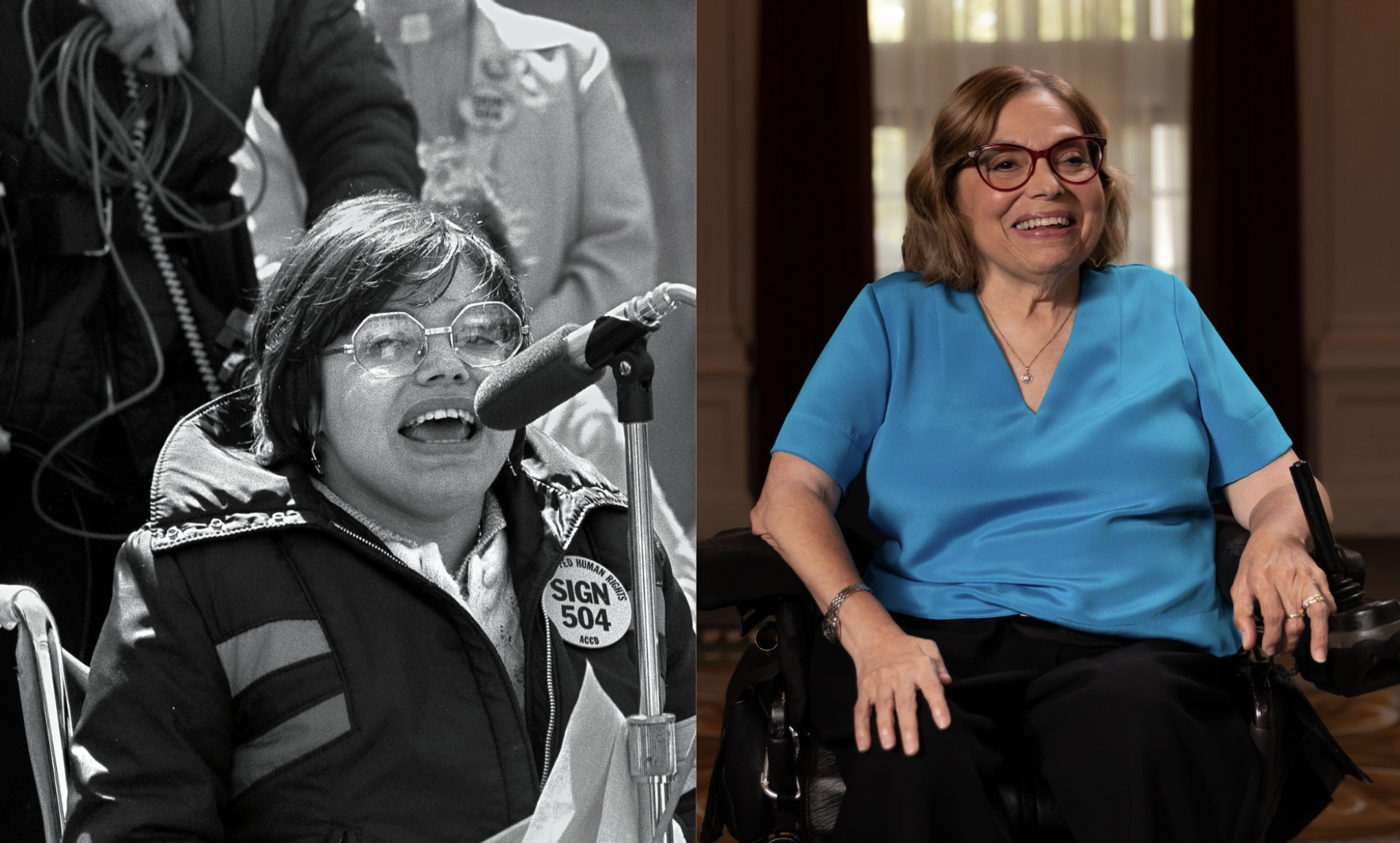 A collage of two photos of Judy Heumann. To the left; A black and white photo of Judy Heumann at the 504 protests in the 70s. Judy is a white woman with short brown hair who uses a wheelchair. She is wearing glasses and a jacket with a pin that says “Sign 504 Now” She is passionately speaking at a microphone. To the right; A headshot of Judy Heumann, a white woman with shoulder-length brown hair wearing red glasses, a blue v-neck shirt, and a gold necklace. She is smiling warmly.