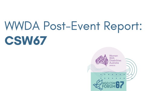 white background, blue text reads WWDA Post-Event Report: CSW67 Find out more about the 67th Session of the Commission on the Status of Women from our delegates! purple rectange that reads Learn More. dark blue hexagonals with the WWDA logo.