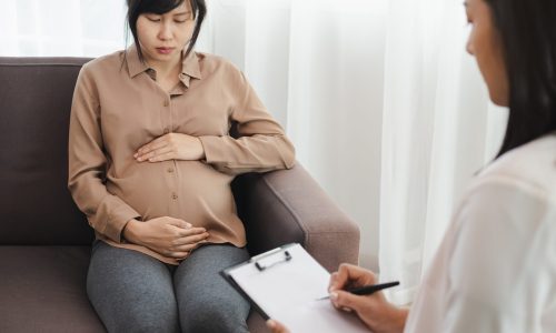 Photo of a women sitting on a couch opposite a professional in a white coat and clipboard. The woman is pregnant hugging her belly.