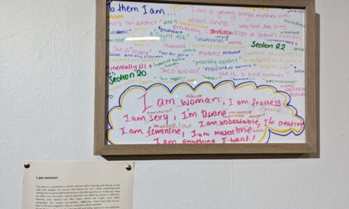 A framed written artwork on a gallery wall, showing labels given to women with mental health conditions