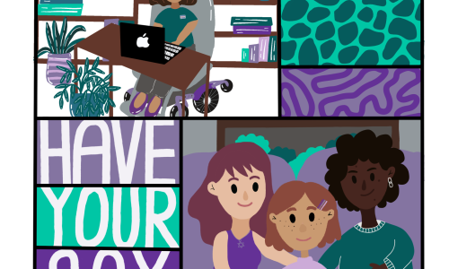 Image: a graphic illustration, designed by WWDA member Kay Barnard. The graphic shows multiple boxes with some illustrations and some text. The box in the top left hand corner shows a person in a wheelchair at a desk in front of a computer with a bookshelf in the background, the three boxes in the top right hand corner show different patterns in shades of green and purple, the box in the bottom left hand corner has three sections to it with the words 'HAVE' 'YOUR' 'SAY' in them, the bottom right hand corner box shows two adults and a younger person all looking at a device. There is a banner box at the bottom of the whole graphic that says 'OUR SITE SURVEY