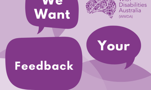 Purple background with white text that reads We want your feedback.