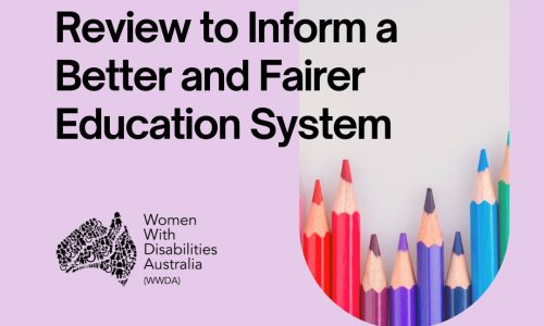Light purple background with black text that reads Submission to the Review to Inform a Better and Fairer Education System, women with disabilities Australia. with a photo of colourful pencils.
