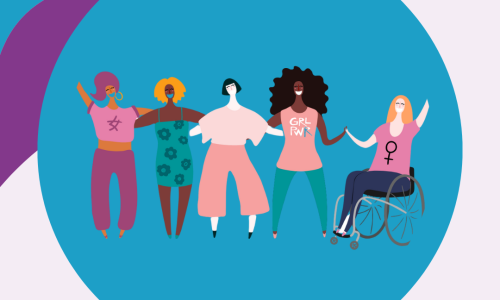 [Image: Light purple background with dark purple and blue wavy lines in the top left of the image. in the centre is a graphic of five diverse women, girls and non-binary people with disability and that is sitting in front of a dark blue circle.]