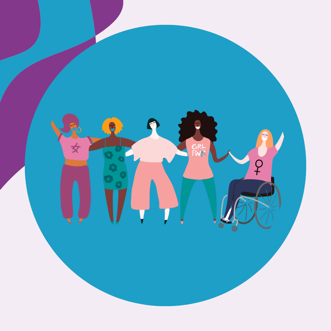 [Image: Light purple background with dark purple and blue wavy lines in the top left of the image. in the centre is a graphic of five diverse women, girls and non-binary people with disability and that is sitting in front of a dark blue circle.]