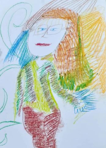 An artistic self-portrait of Angel drawn with pastels. In the portrait Angel is wearing glasses and has long orange, blue and green hair. She is wearing a green cardigan and brown pants.