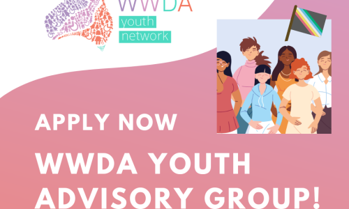 It has a random shape background with an orange-to-pink gradient. White text reads Apply now WWDA Youth Advisory Group! inserted is an illustration of a group of people with a flag.