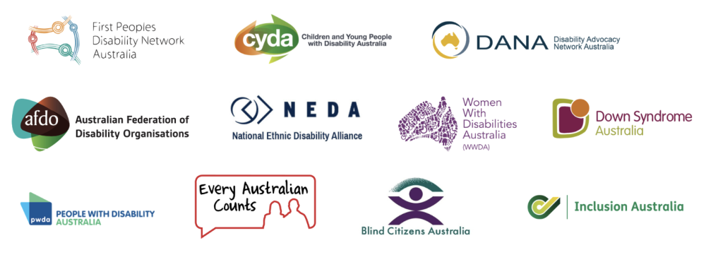 organisation logos: FPDN, CYDA, DANA, AFDO, NEDA, WWDA, DSA, PWDA, Every Australian Counts, BCA, Inclusion Australia