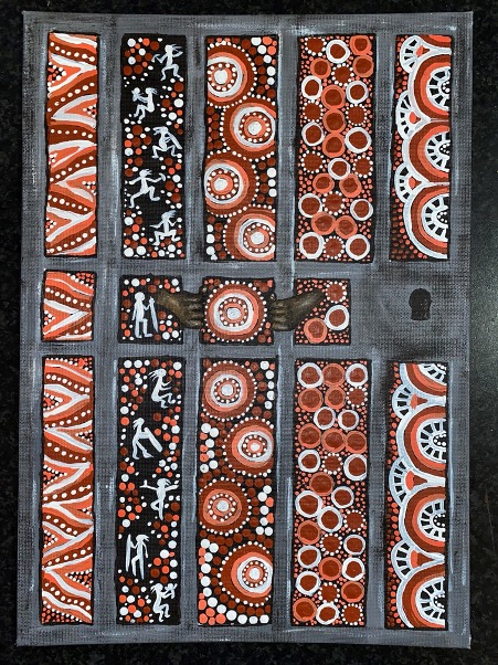 [Image: Aboriginal artwork of a prison cell door with black hands holding the bars.]