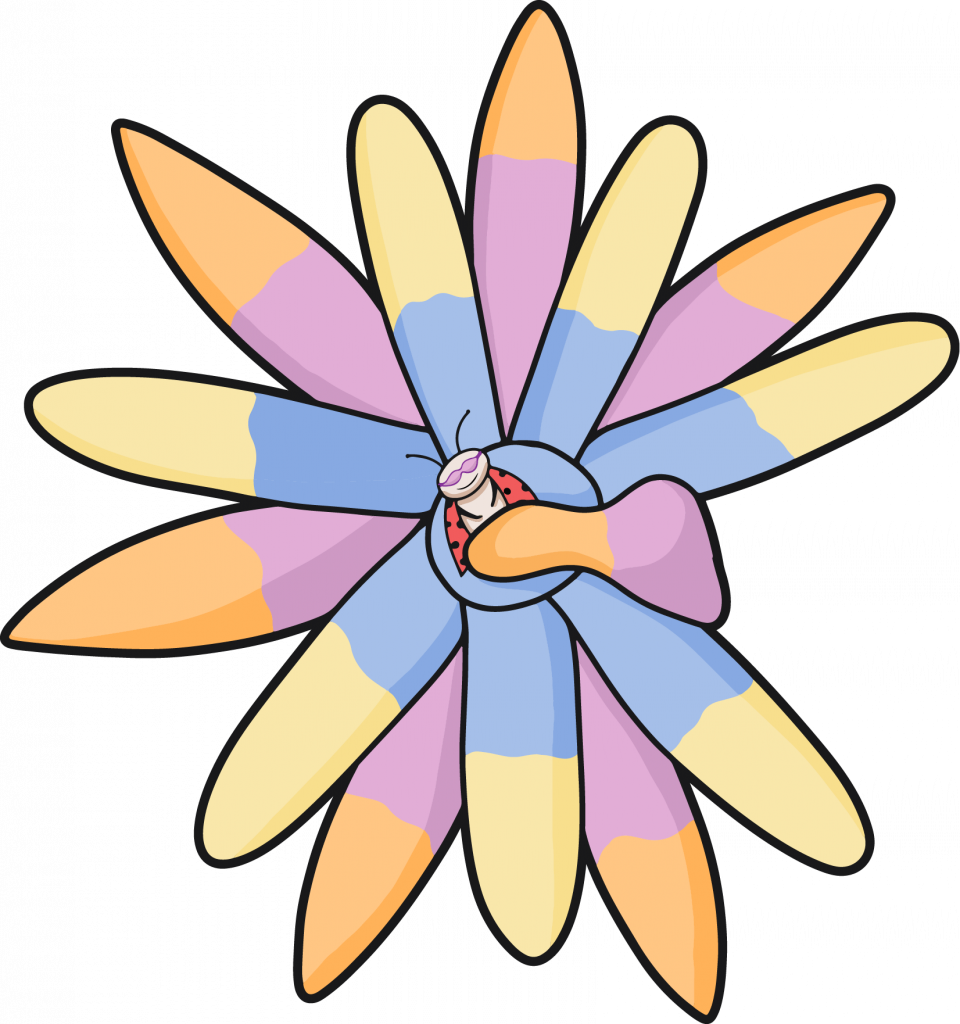 A ladybug wearing an eye mask sitting inside a flower with a petal on top of its body. The flower’s petals are blue, yellow, pink and orange.