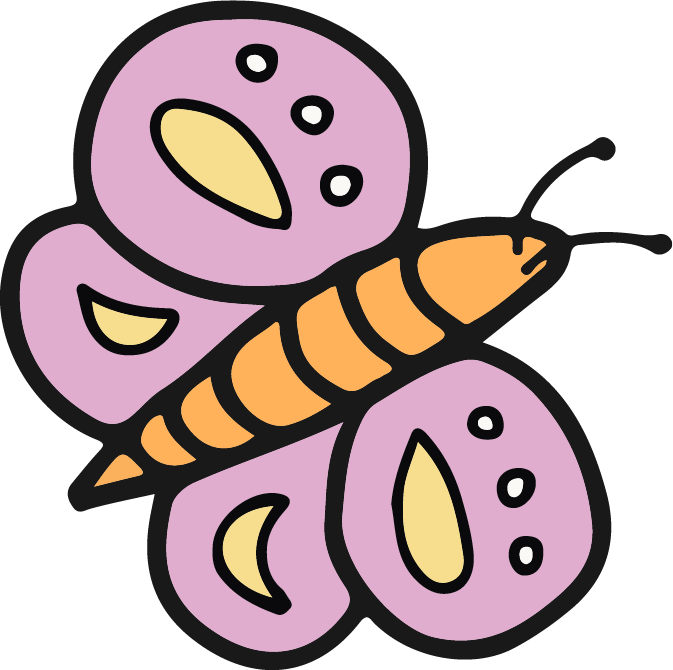 A pink butterfly with an orange body and yellow marks on its wings.