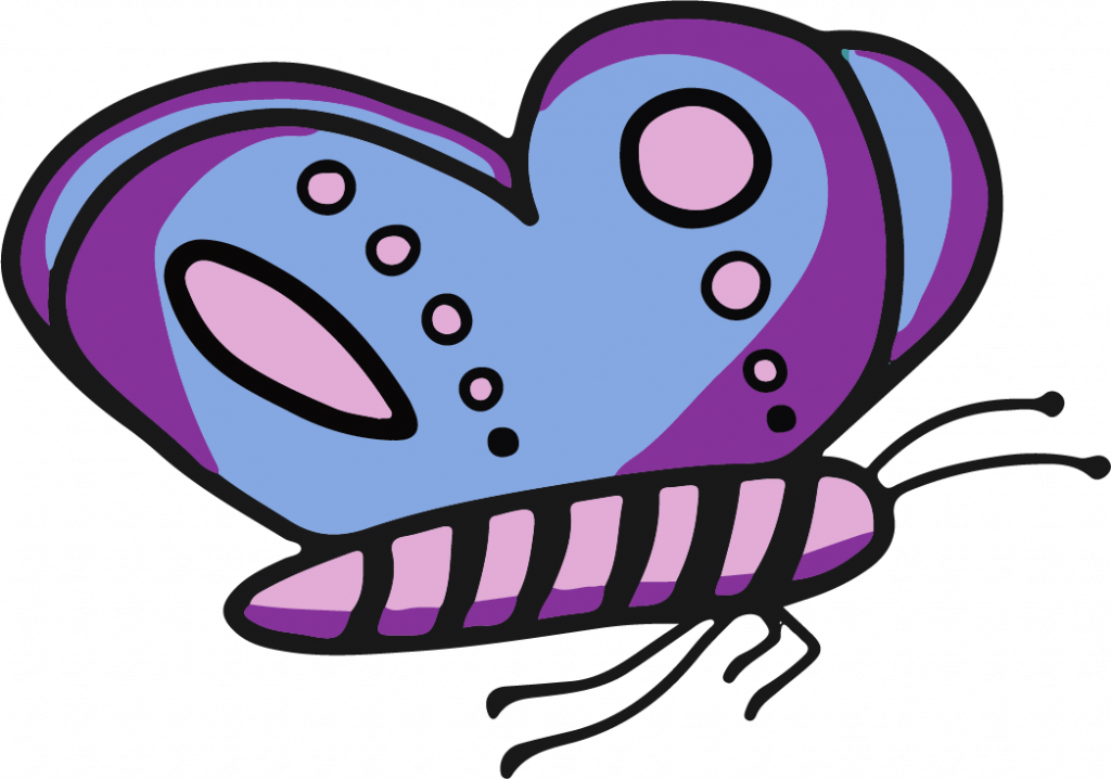 A blue butterfly with pink and purple marks on its wings and a purple body.