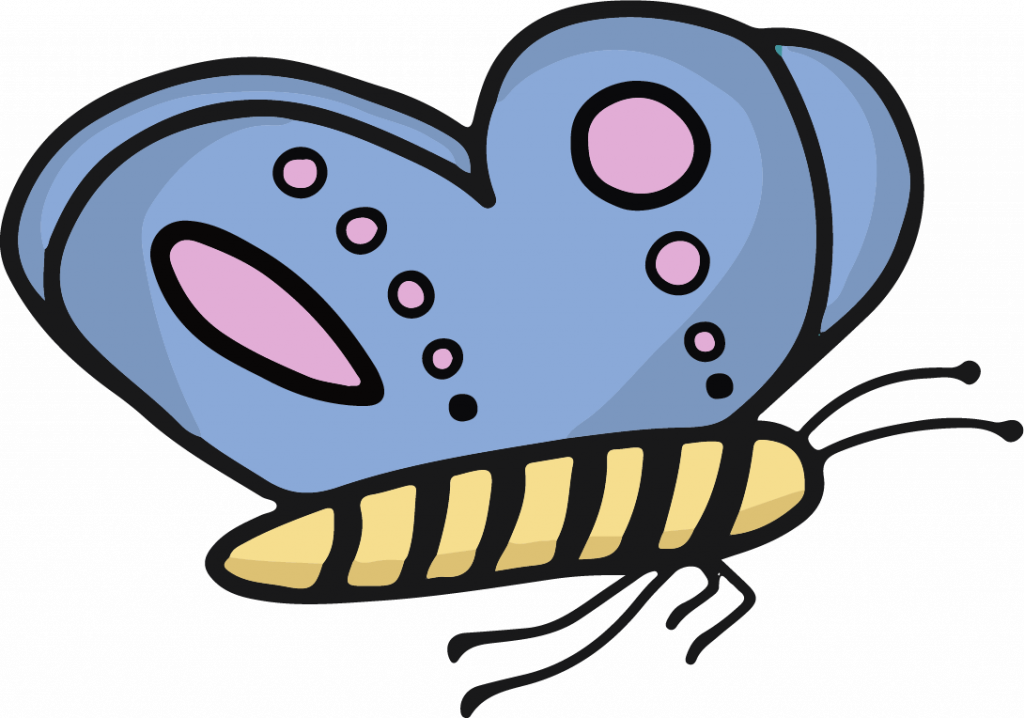 A blue butterfly with pink marks on its wings and a yellow body.