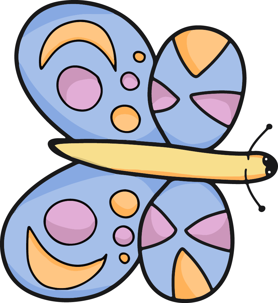 A blue butterfly with orange and pink markings on its wings with a yellow body.