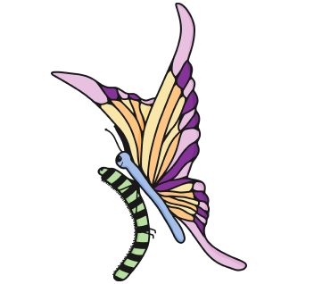 A butterfly with yellow, orange, pink and purple wings and a blue body carrying a millipede with a green and black body.