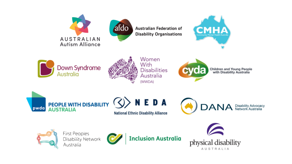 The image showcases a collection of logos from various Australian disability advocacy organisations and support networks. These organisations represent a diverse range of disabilities and focus areas, highlighting the breadth of the disability community in Australia