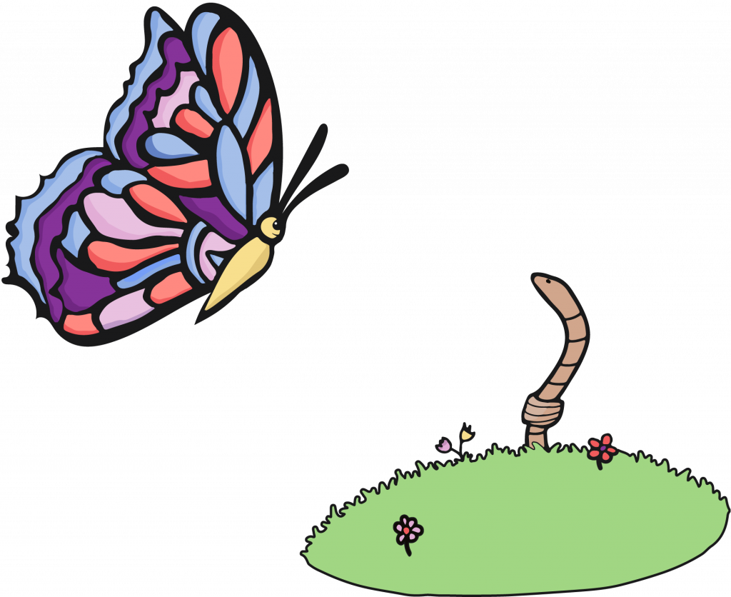 A butterfly that has pink, blue, purple and orange its wings and a yellow body flying over a worm which is coming out of grass.