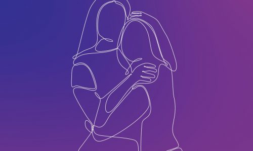 gradient background blue to purple with a white illustration of two people hugging.