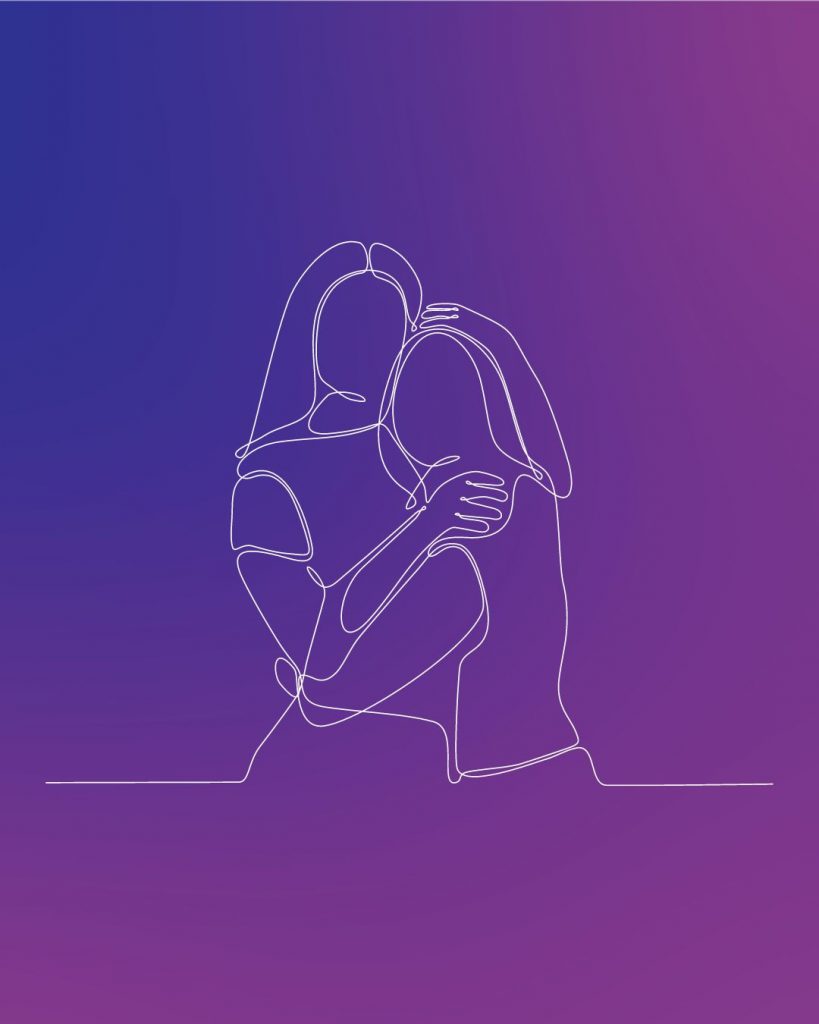 gradient background blue to purple with a white illustration of two people hugging.