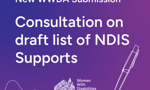 A purple gradient background with a graphic of a pen and a handwritten signature line. Centered on the image in white text it reads: New WWDA Submission. Consultation on draft list of NDIS Supports