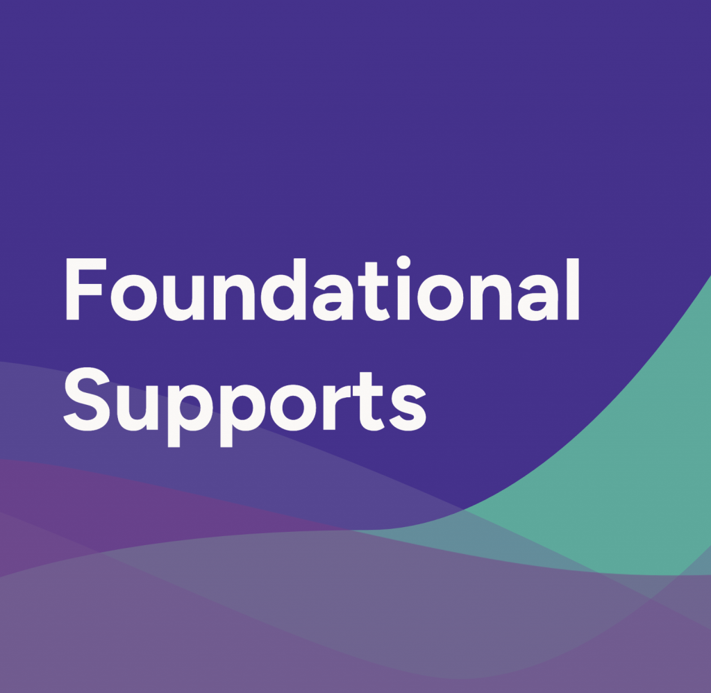 blue, green and purple graphic background with white text Foundational Supports