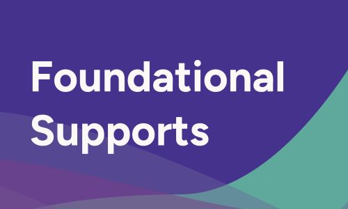 blue, green and purple graphic background with white text Foundational Supports